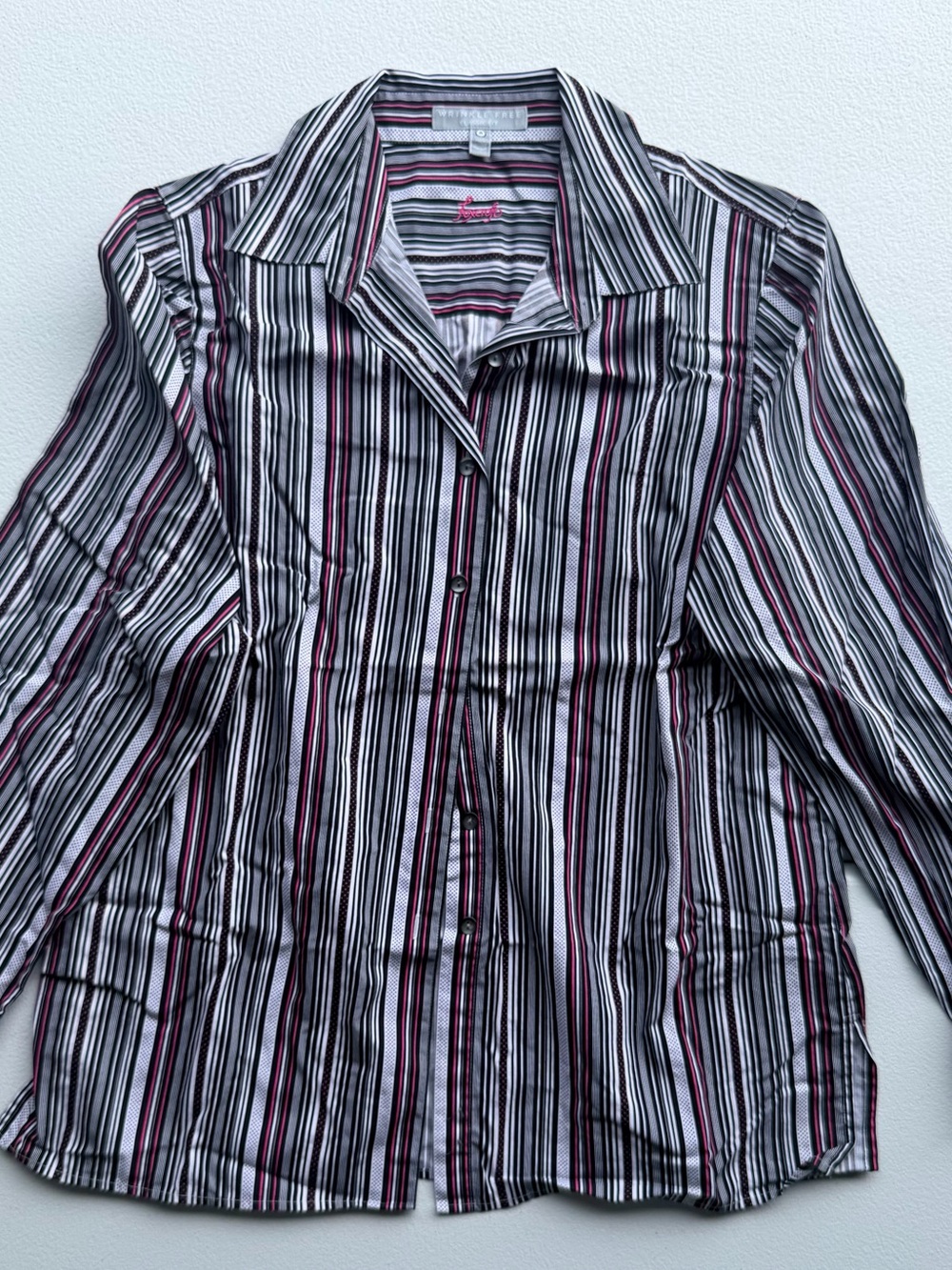 Foxcroft women’s Long-Sleeve Striped Button-Down Shirt in Black,White & Burgundy